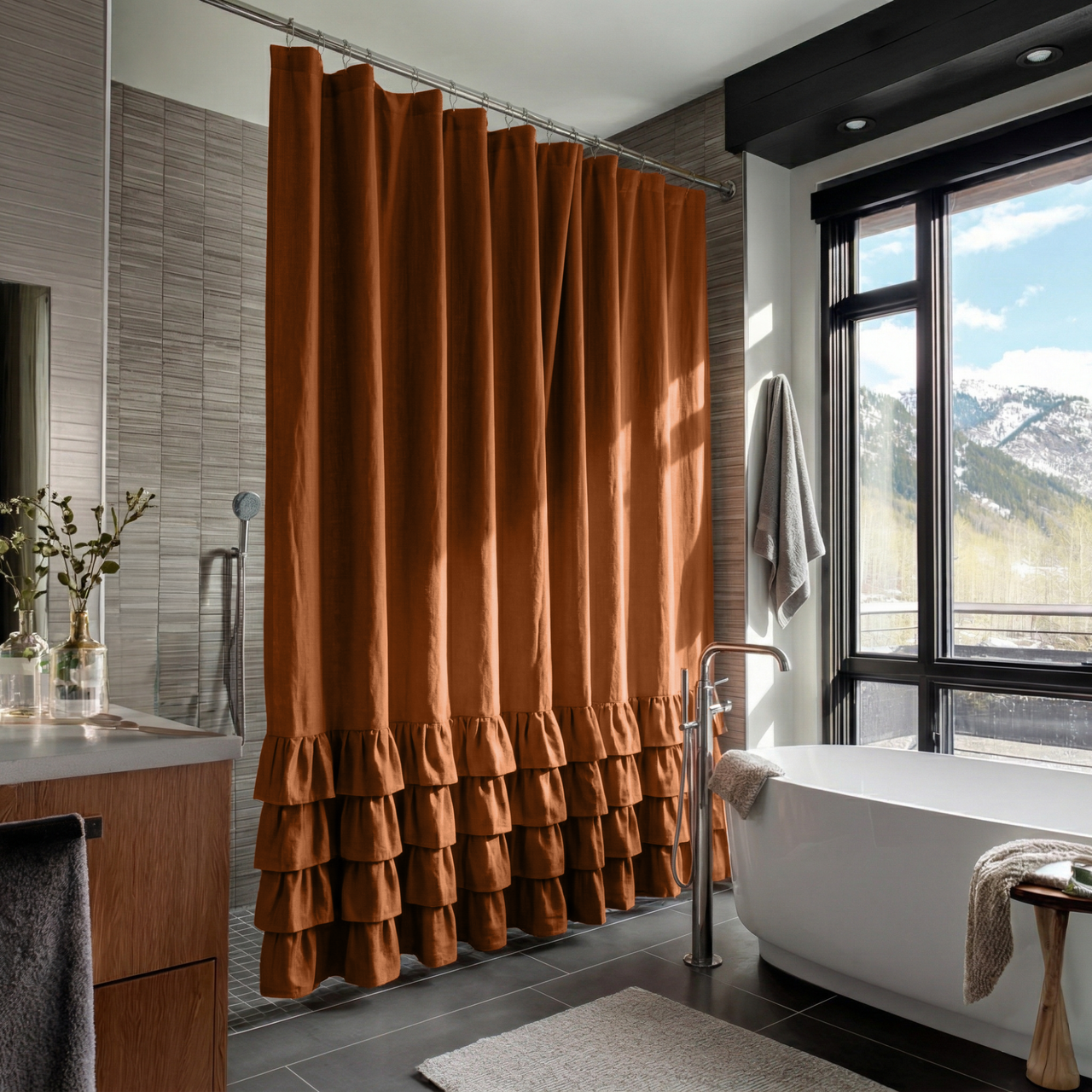 Terracotta Heavy Weight Linen Ruffled Shower Curtain