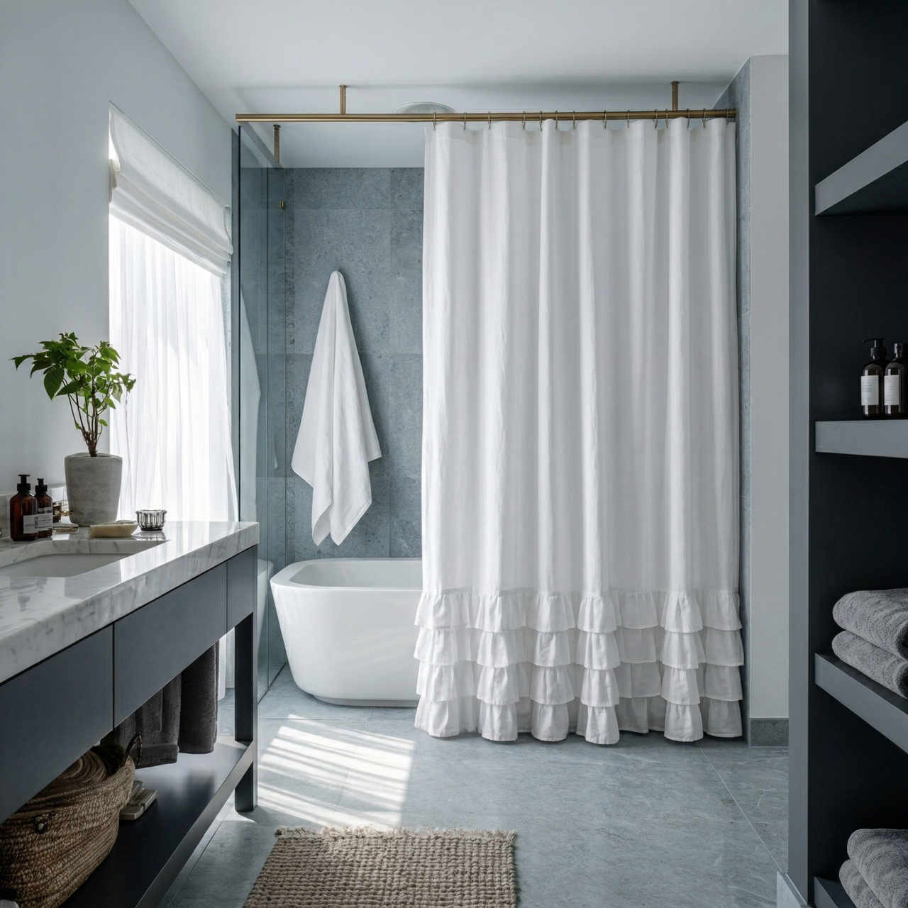 White Linen Ruffled Shower Curtain