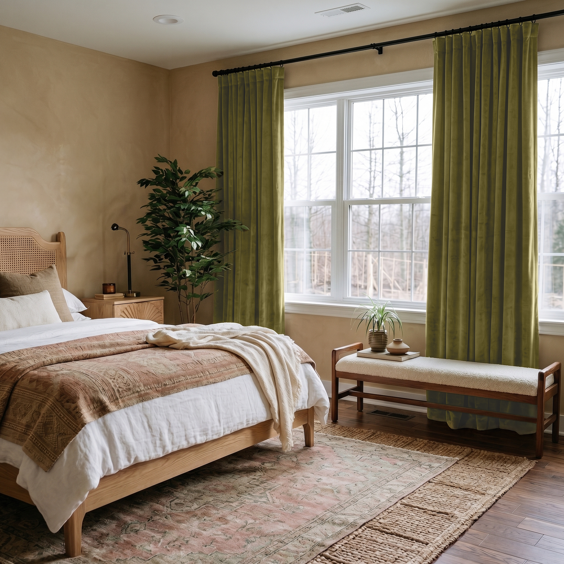 Moss Green Velvet S-Fold Curtains in an Organic Bedroom with a Rattan Headboard and White Bedding