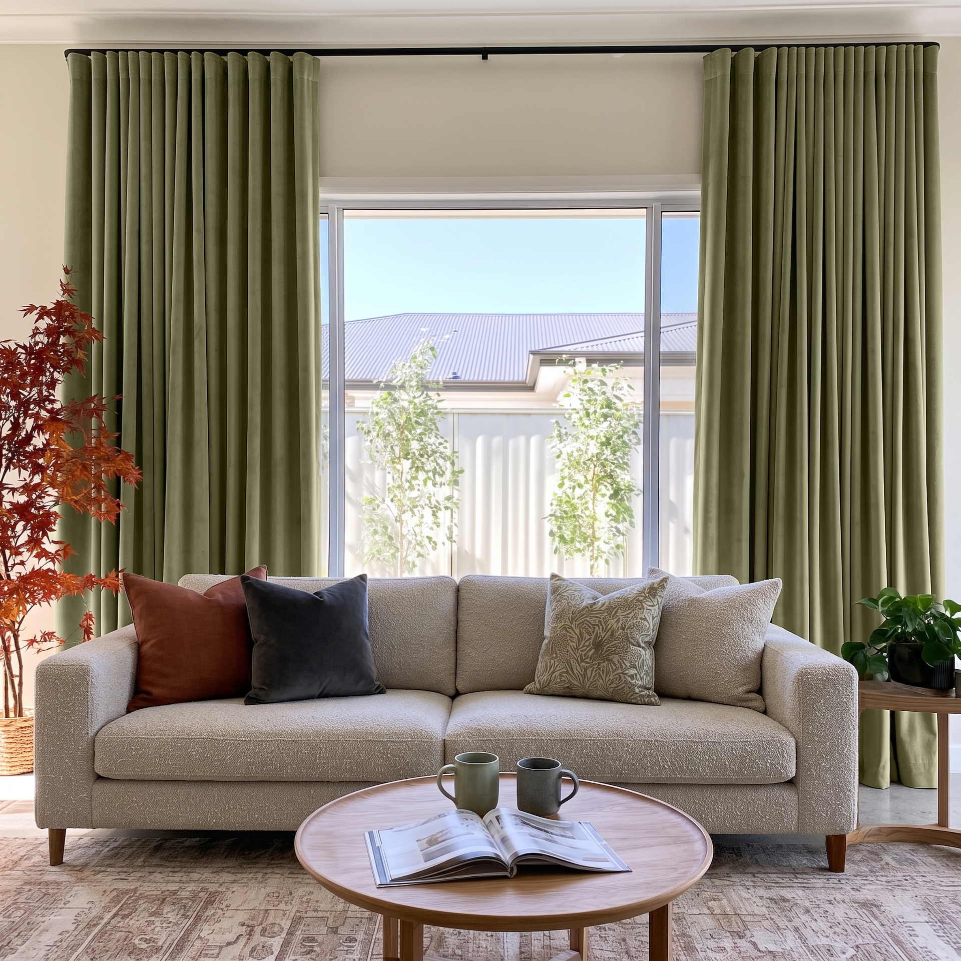 Olive Green Velvet S-Fold Curtains in a Modern Living Room with Warm Beige Walls