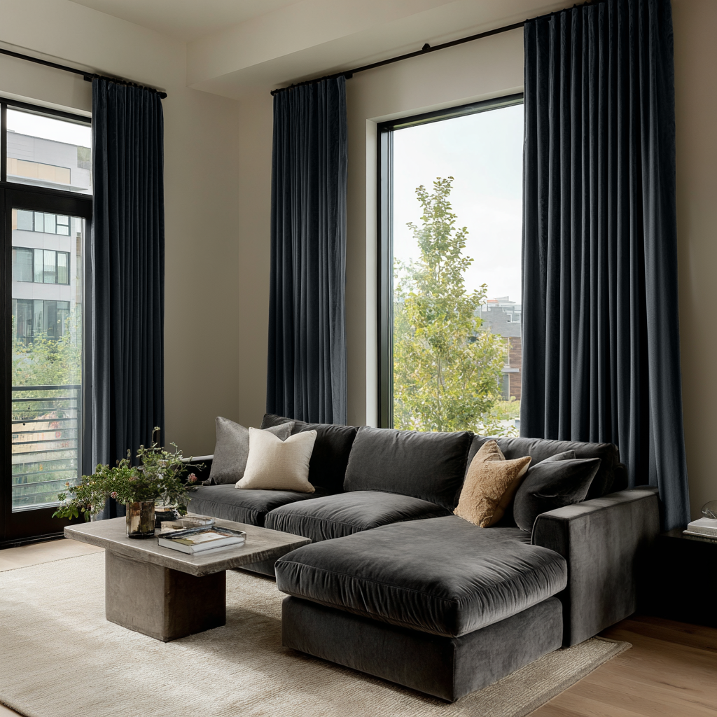 Steel Black Velvet S-Fold Curtains in a Contemporary Living Room with a Charcoal Sectional
