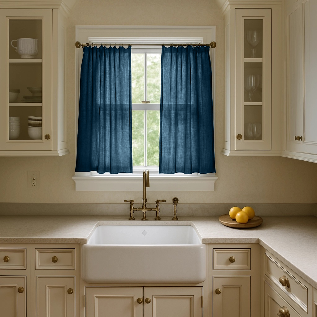 Peacock Blue Linen Kitchen Cafe Curtains