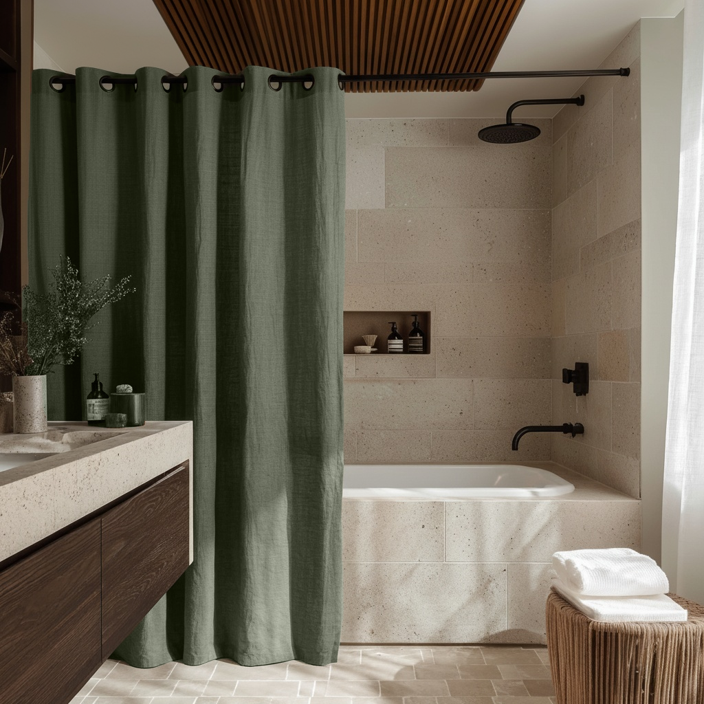 Sage Green Hookless Linen Shower Curtain