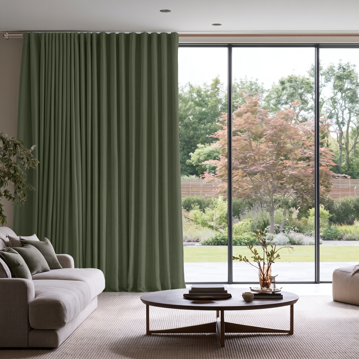 Sage Green Linen Back Tab Extra Long Curtains in a Contemporary Living Room with Large Sliding Doors, Gray Sofa and Round Coffee Table