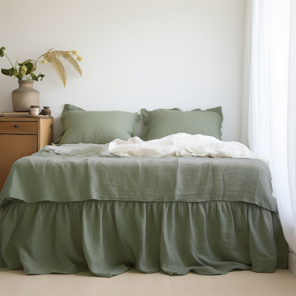 Sage Green Linen Bed Skirt with Gathered Ruffles