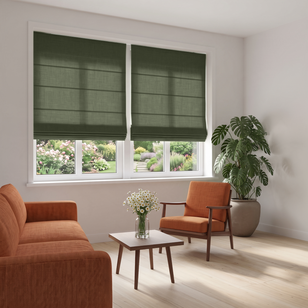 Sage Green Cordless Linen Roman Blinds in a Living Room with White Walls and Orange Armchair