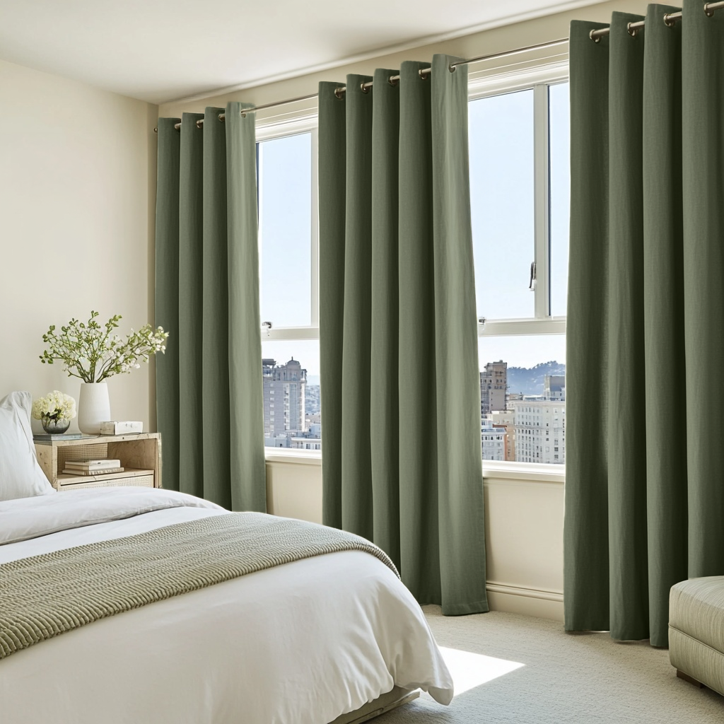 Bedroom Sage Green Linen Eyelet Curtains - Blackout Lining