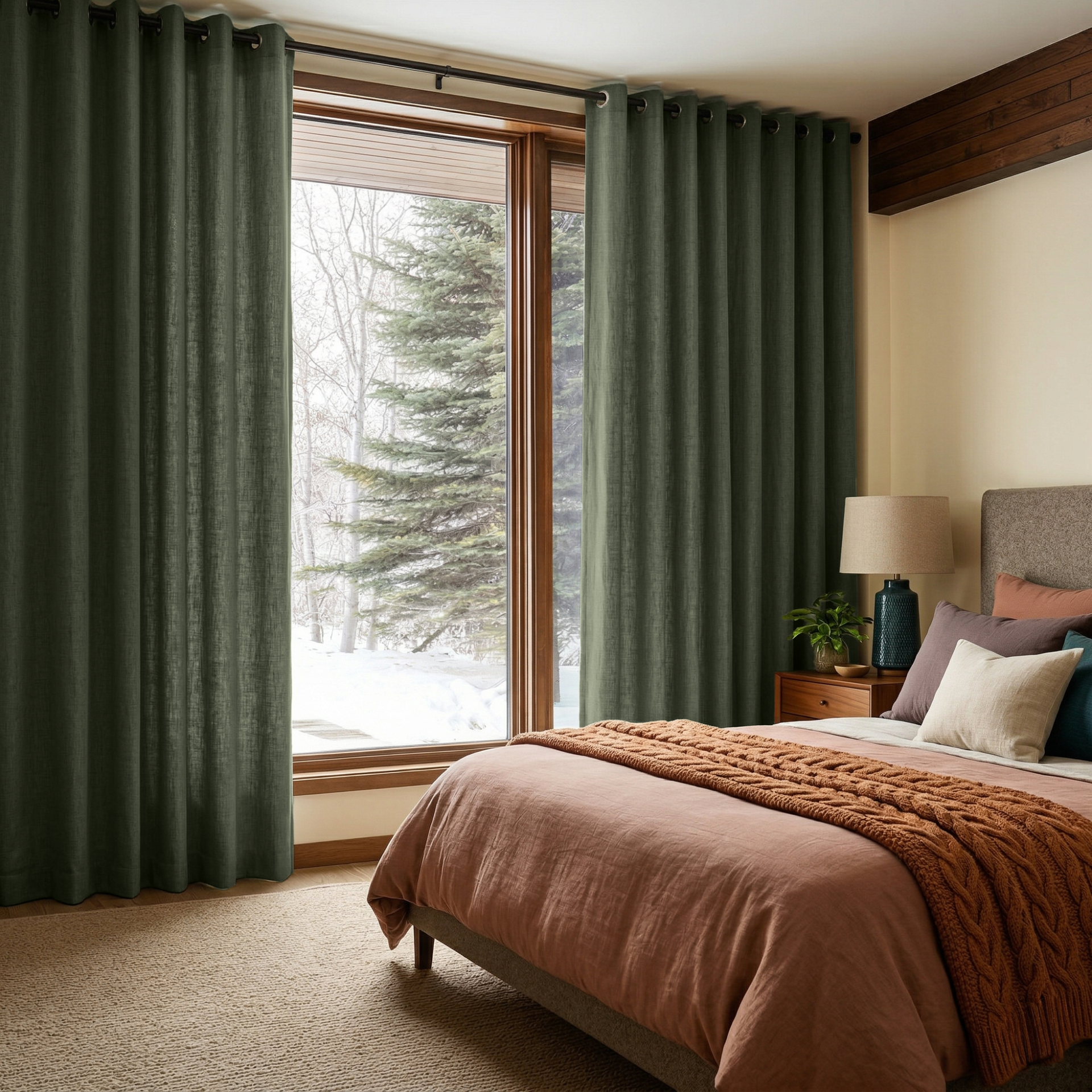 Sage Green Linen Eyelet Bedroom Curtains in a Cozy Bedroom with Warm Beige Walls and Terracotta Accents - Cotton Lining