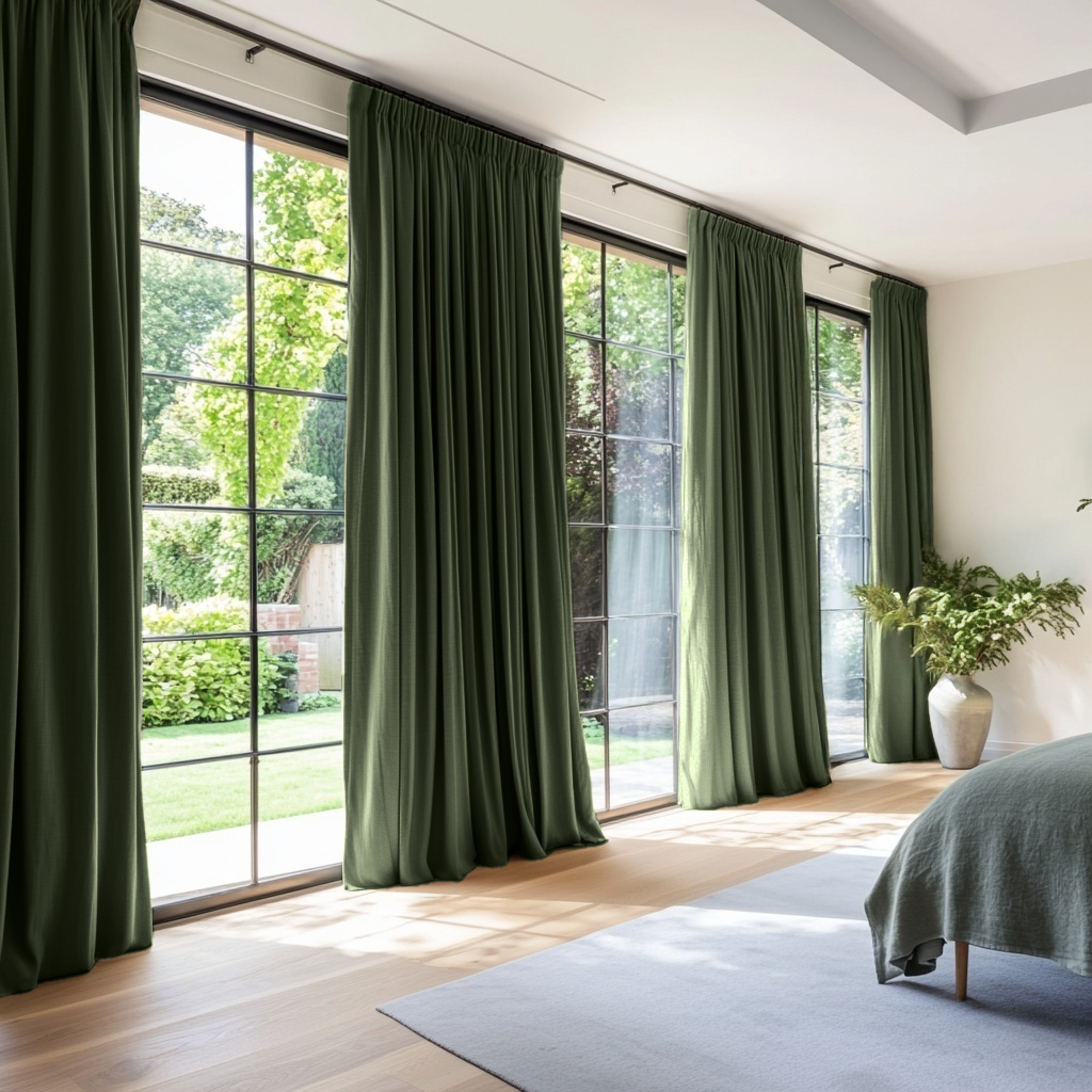Sage Green Linen Pencil Pleat Curtains in a Bright Bedroom - Blackout Lining