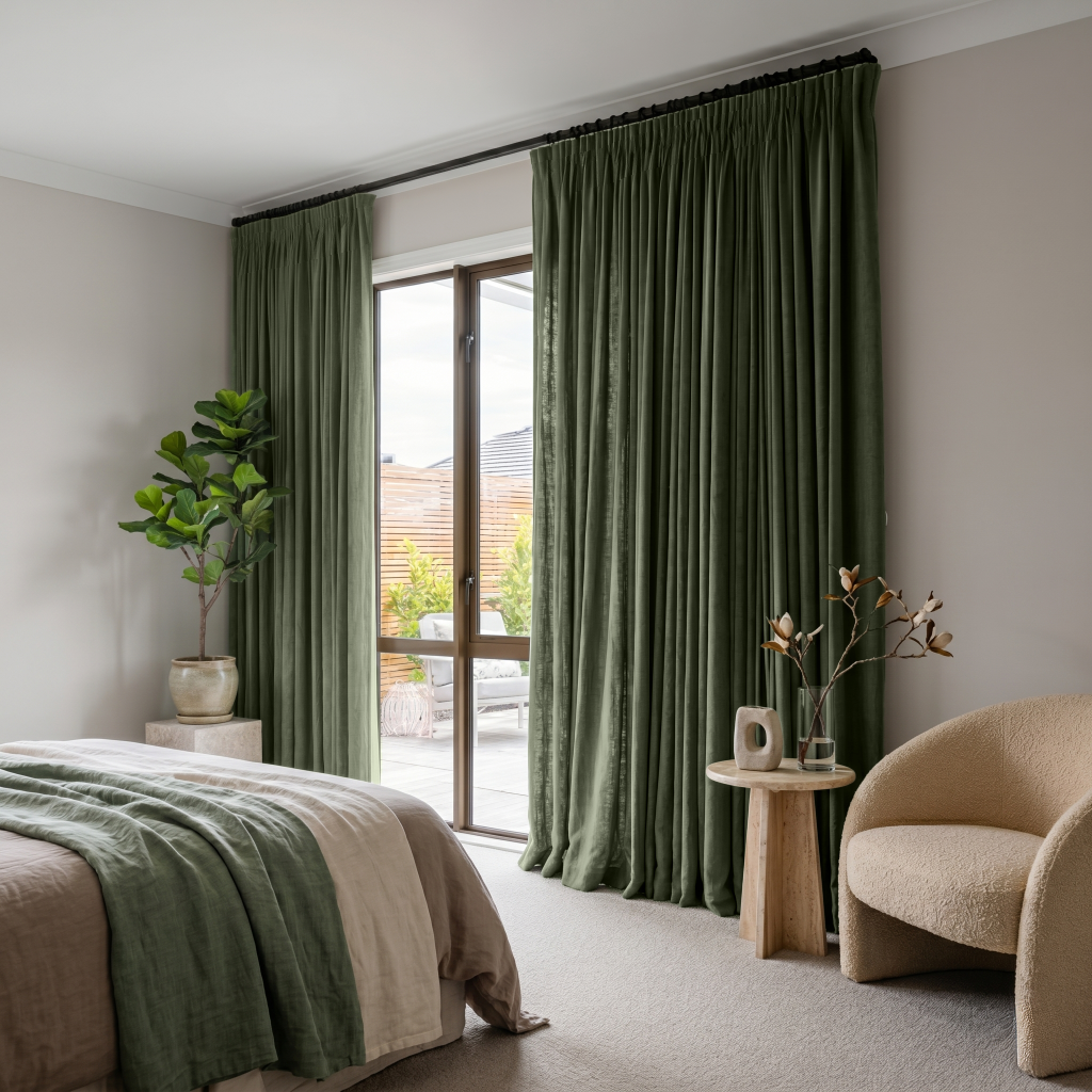 Sage Green Linen Pencil Pleat Curtains in a Cozy Bedroom with Natural Wood Decor