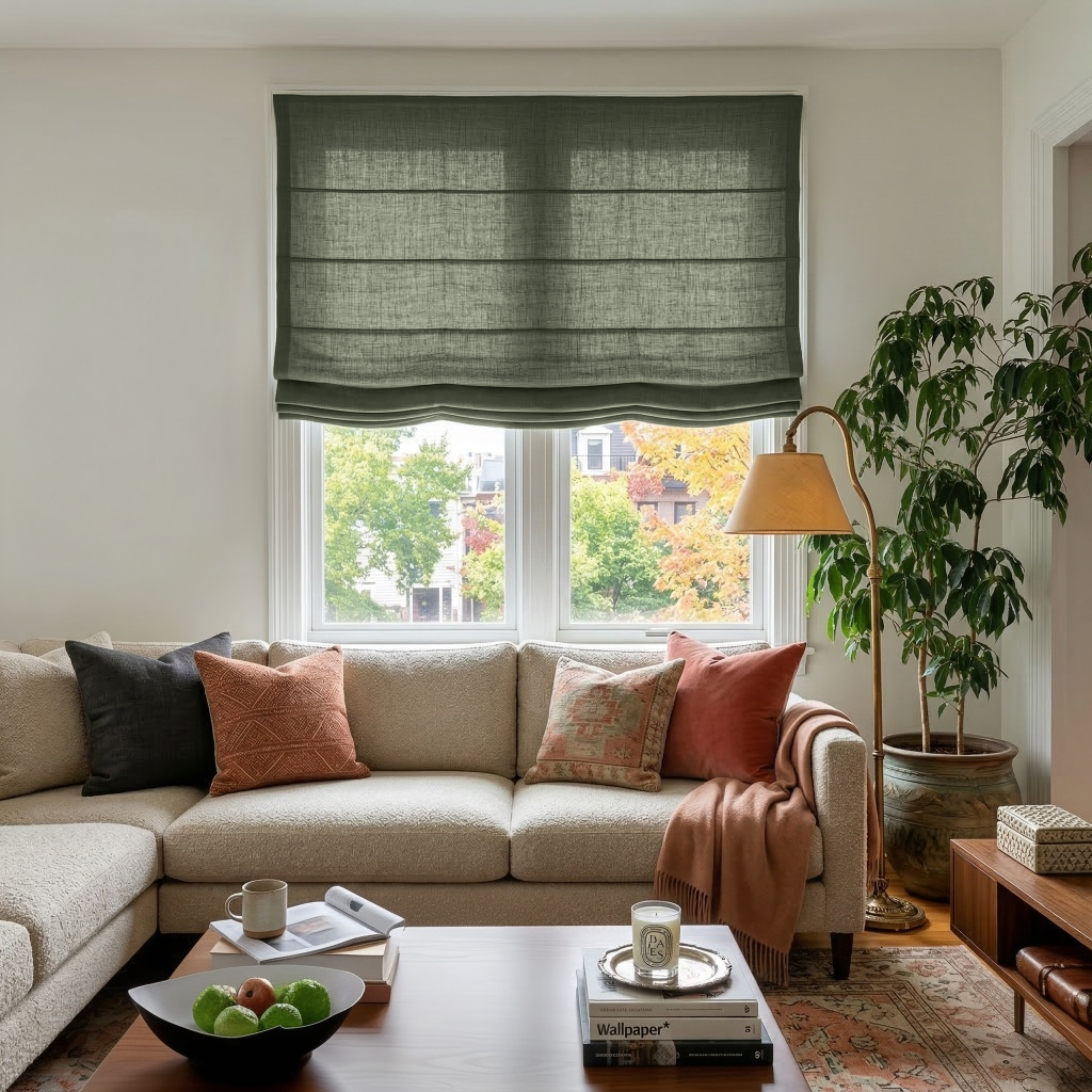 Sage Green Linen Relaxed Roman Blinds - Cotton Lining