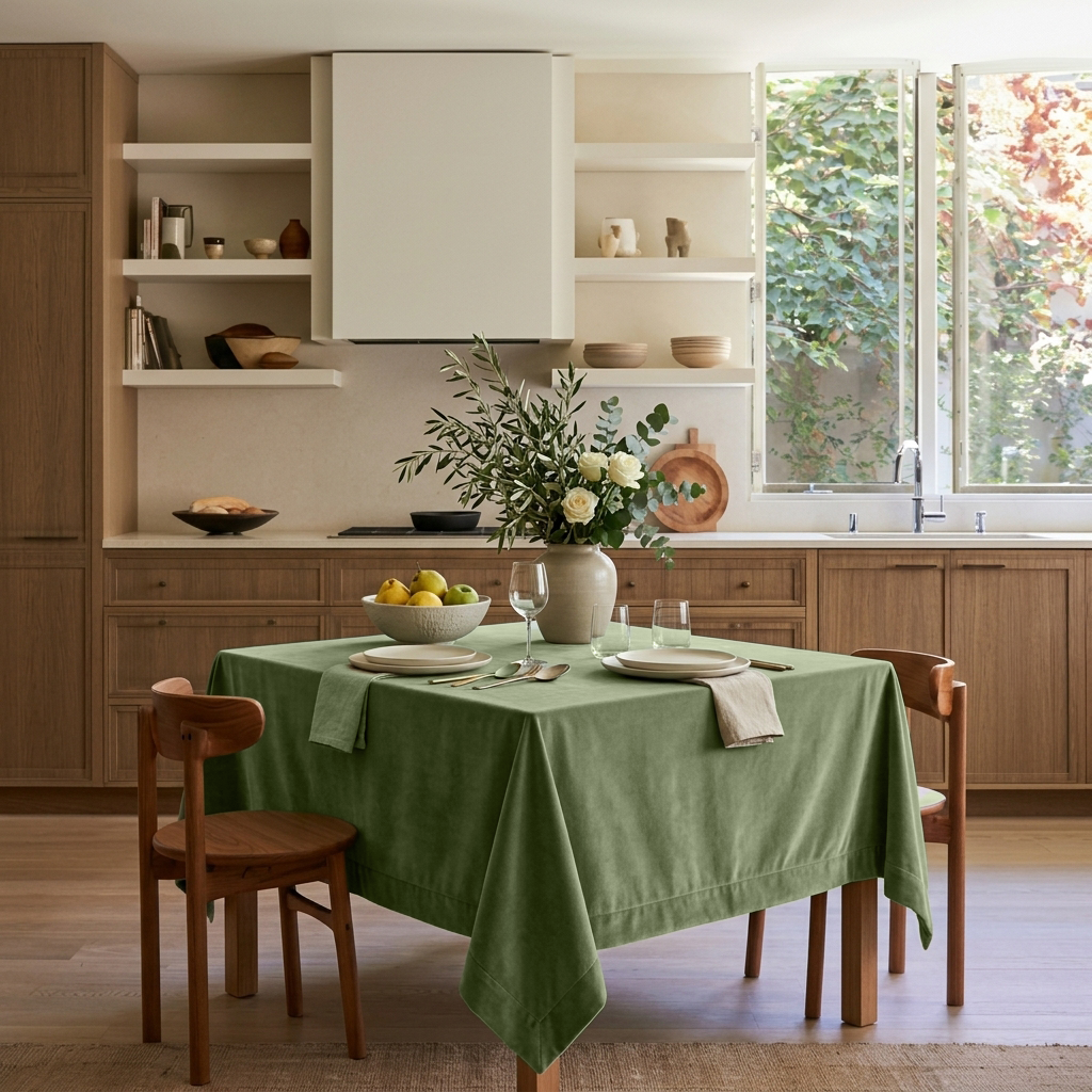 Sage Green Square Velvet Tablecloth in a Transitional Kitchen with Wooden Cabinetry and Open Shelving