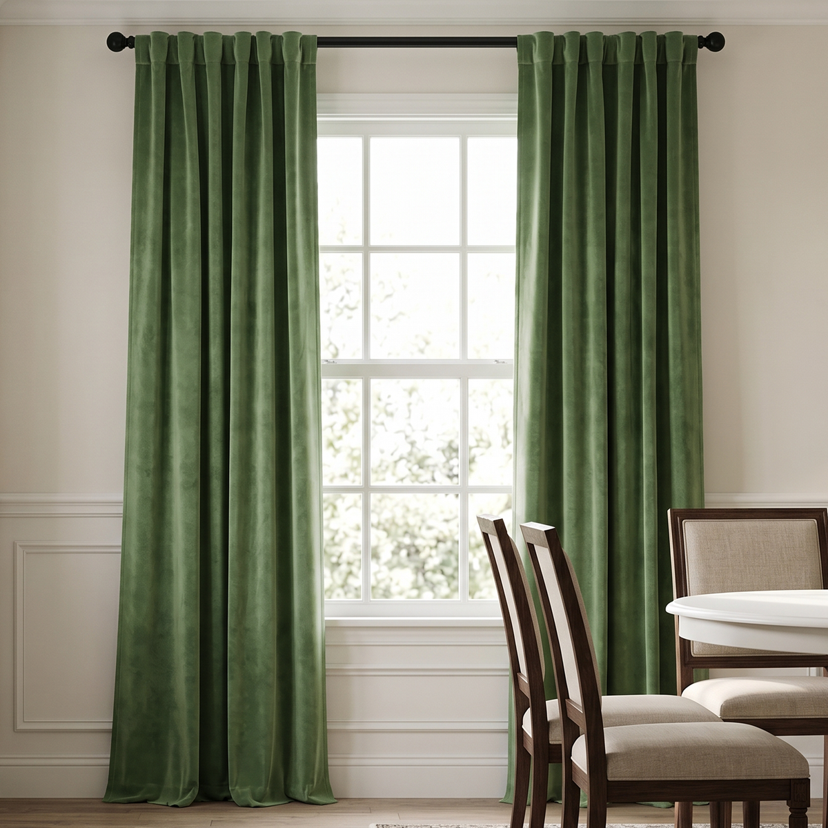 Elegant dining room with sage green back-tab curtains, classic furniture, and soft natural light.
