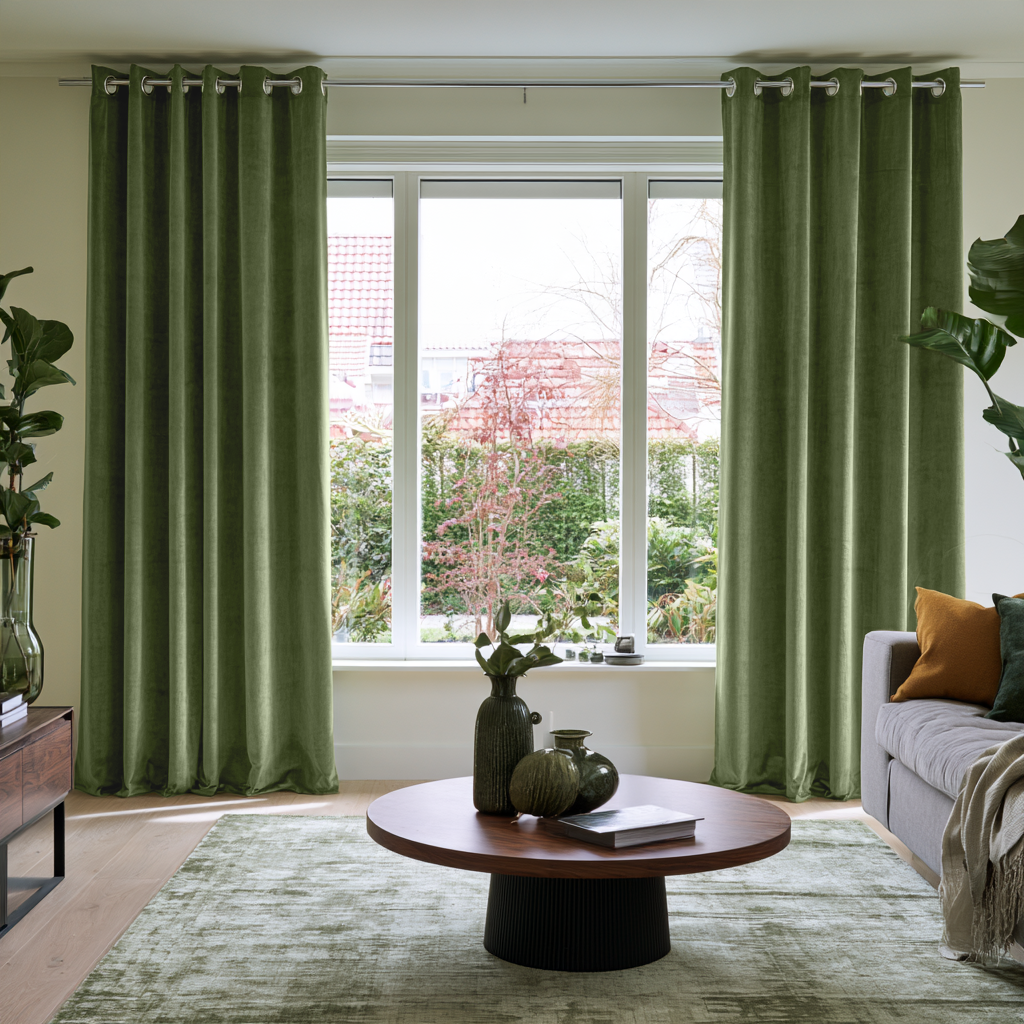 Sage Green Velvet Eyelets Extra Long Curtains in a Modern, Sunlit Living Room with a Round Wooden Coffee Table and a Gray Sofa