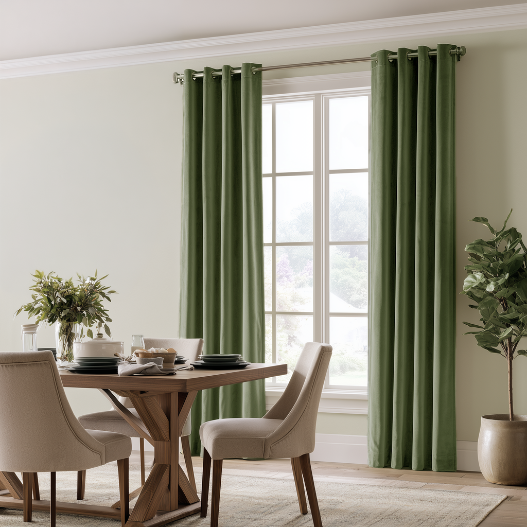 Serene dining room with sage green grommet curtains, natural wood furniture, and botanical décor.
