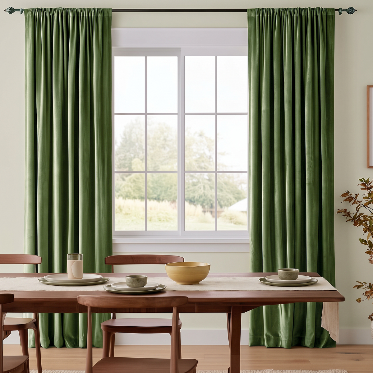 Cozy dining room with sage green rod-pocket curtains, warm wooden furniture, and countryside views.

