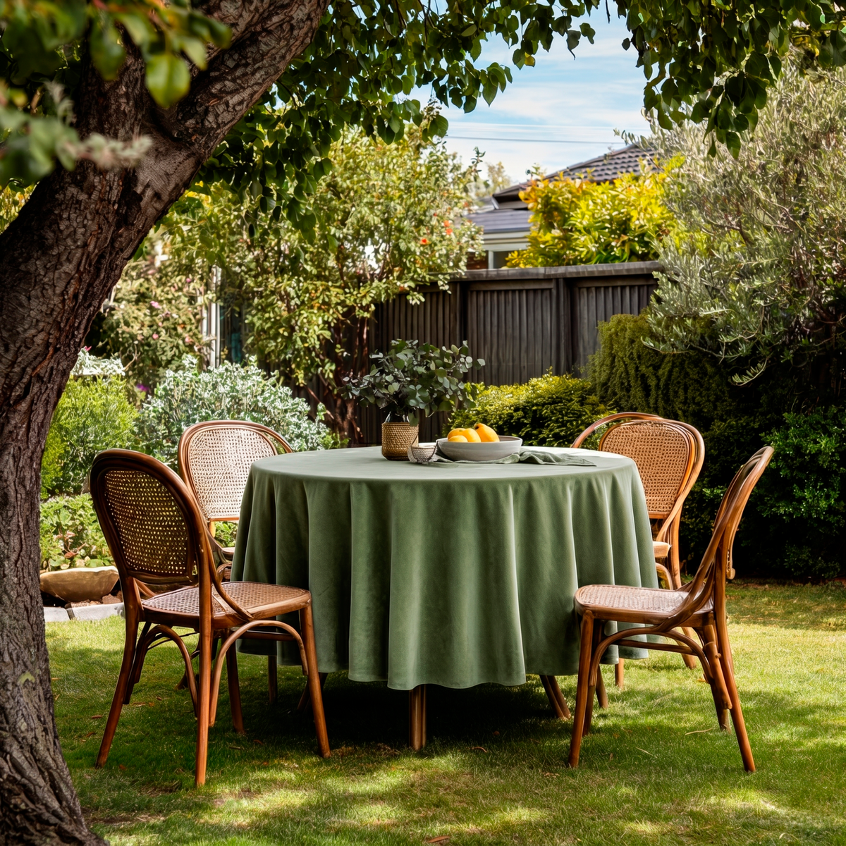 Sage Green Velvet Round Tablecloth in a Garden Patio with Lush Greenery and Natural Rattan Chairs