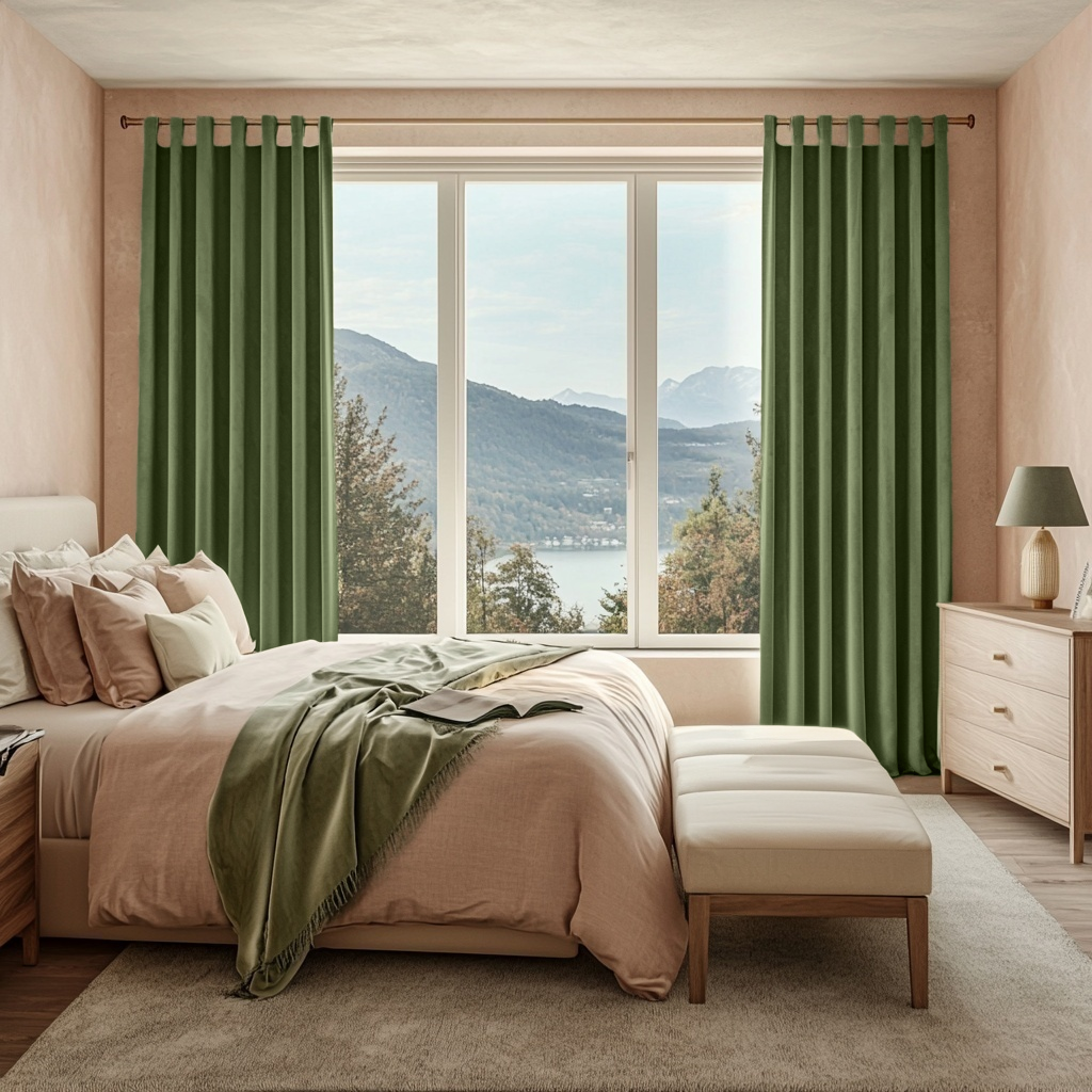Sage Green Velvet Tab Top Blackout Curtains in a Bedroom with Dusky Pink Walls