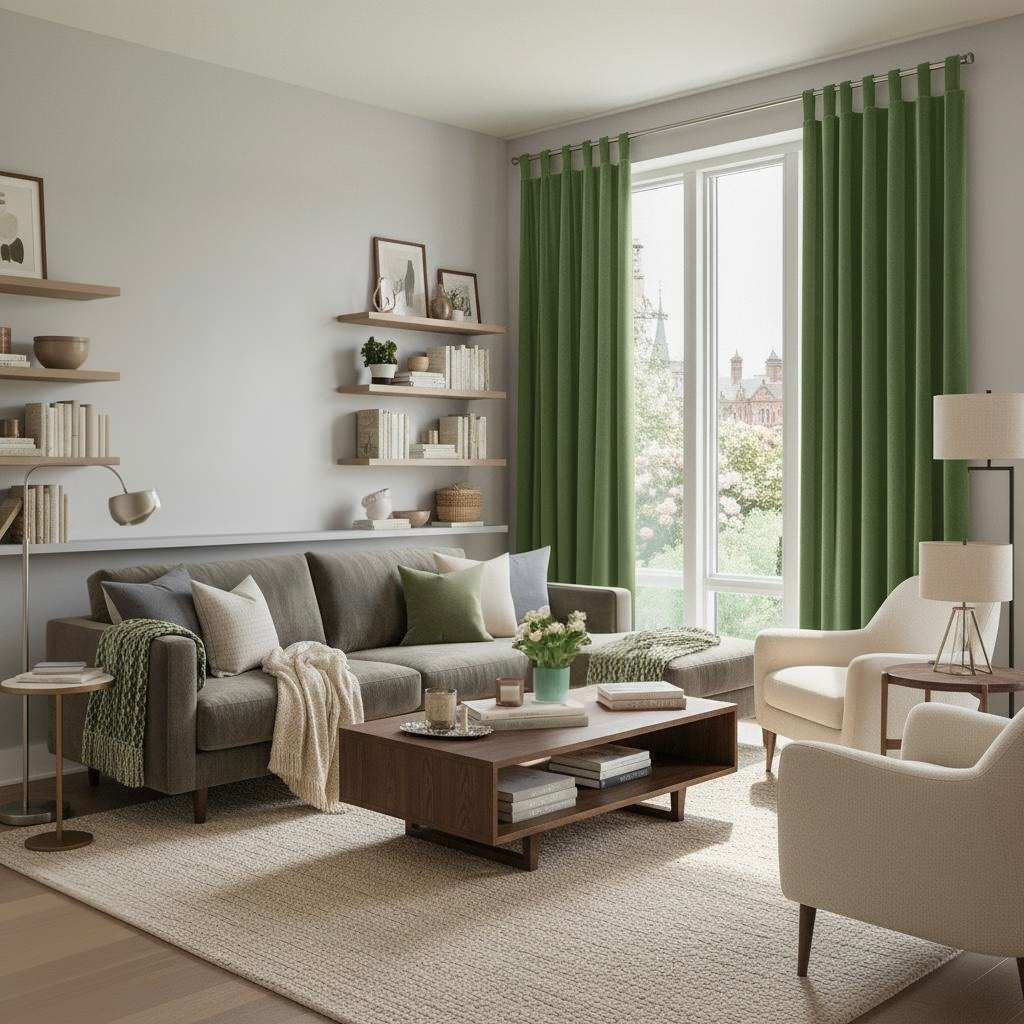Sage Green Velvet Tab Top Blackout Curtains in a Living Room with Light Grey Walls