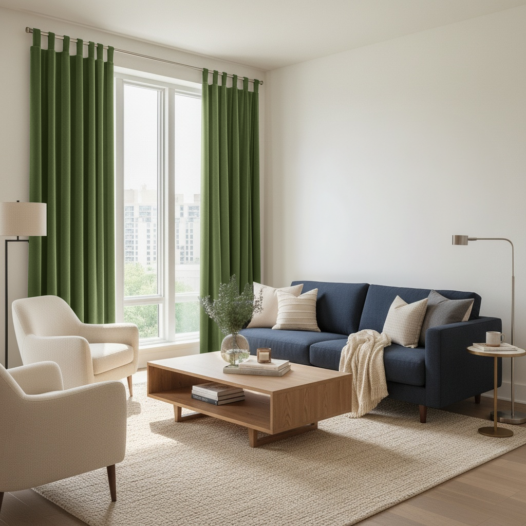 Sage Green Velvet Tab Top Blackout Curtains in a Living Room with Warm White Walls
