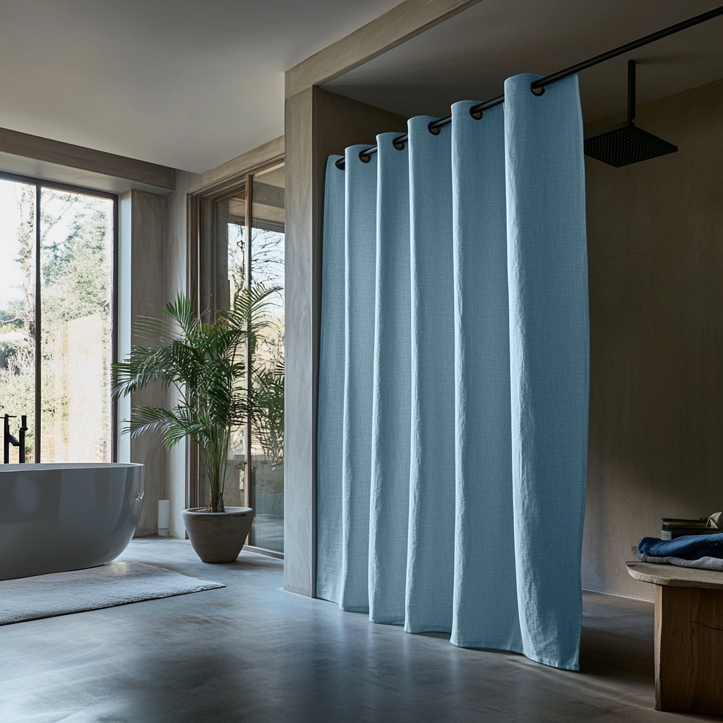 Sky Blue Hookless Linen Shower Curtain