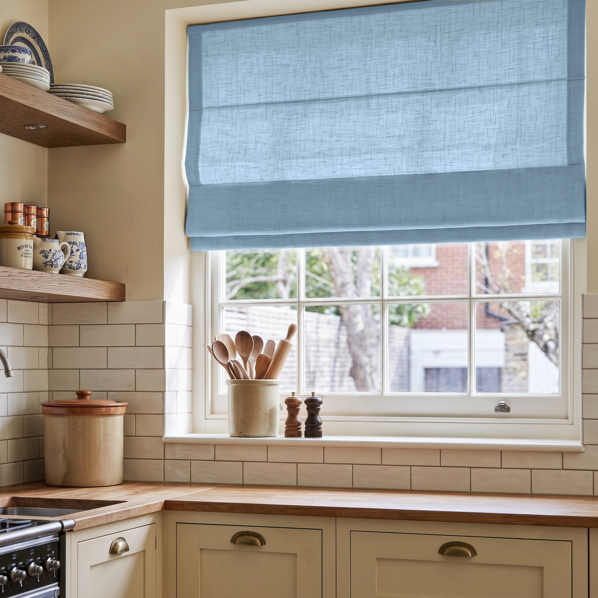 Sky Blue Linen Roman Blinds in a Warm Classic Kitchen with Open Wood Shelving - Blackout Lining