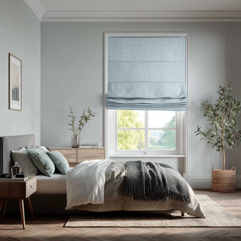 Sky Blue Linen Roman Blinds - Blackout Lining