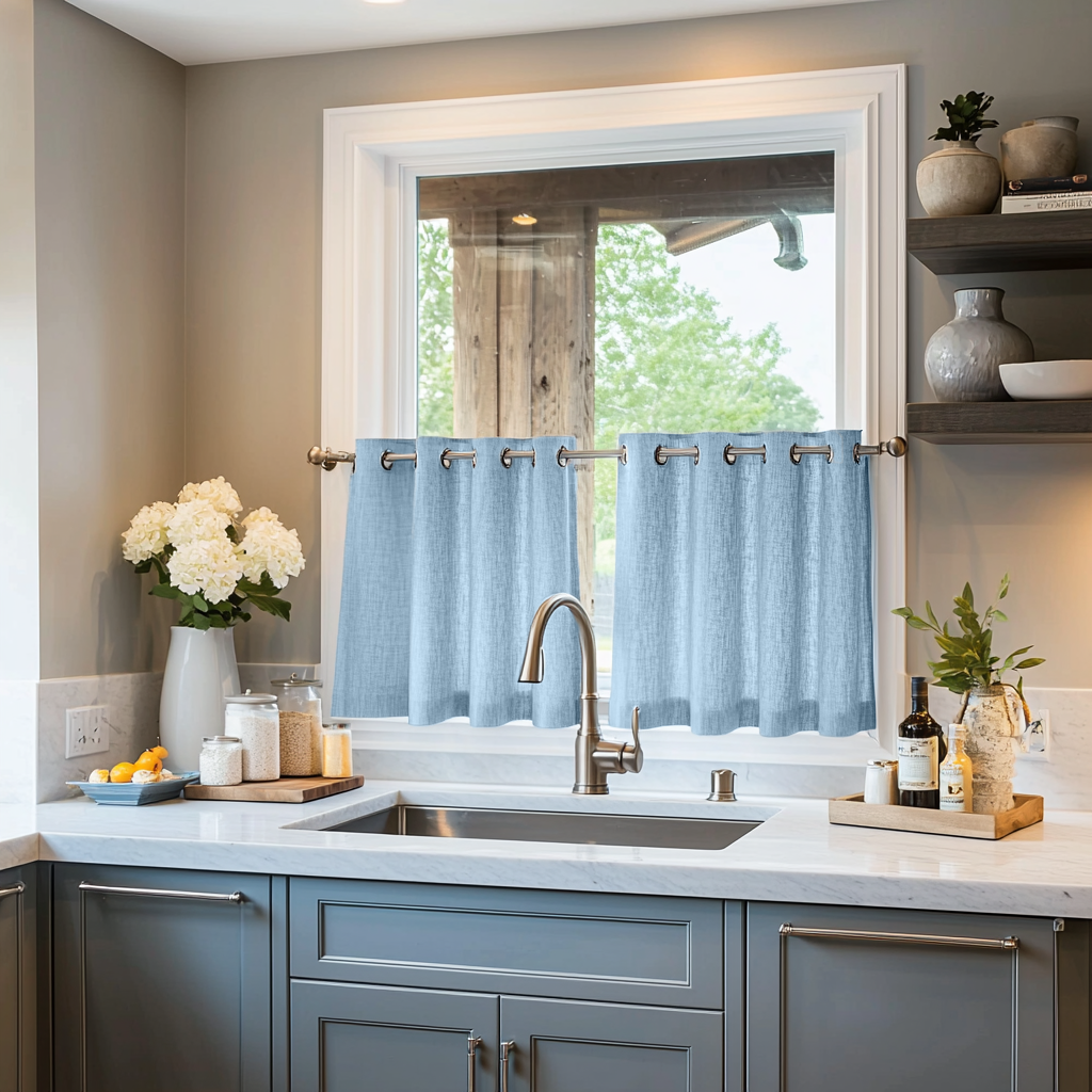 Sky Blue Linen Eyelet Cafe Curtains