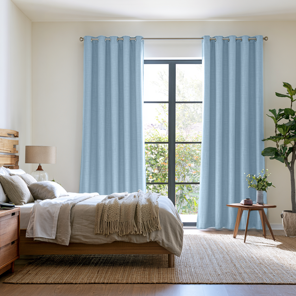 Sky Blue Linen Eyelets Extra Long Curtains in a Bright, Modern Bedroom with Neutral Bedding and Natural Wood Accents
