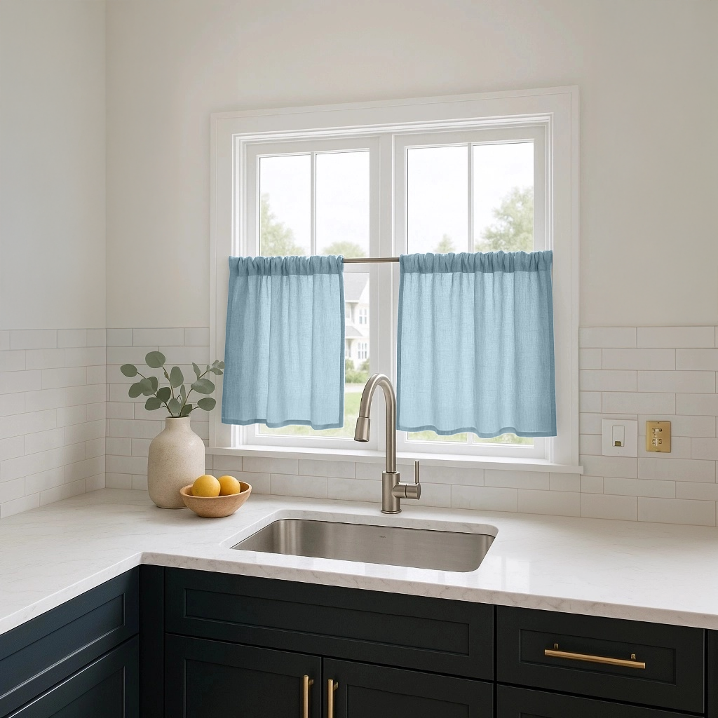 Sky Blue Linen Kitchen Cafe Curtains
