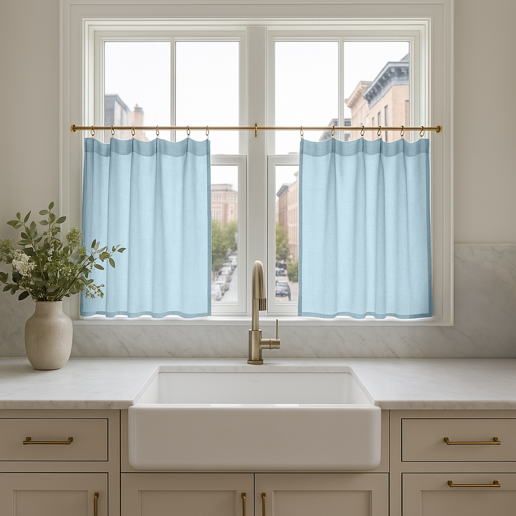 Sky Blue Linen Kitchen Cafe Curtains Over Sink