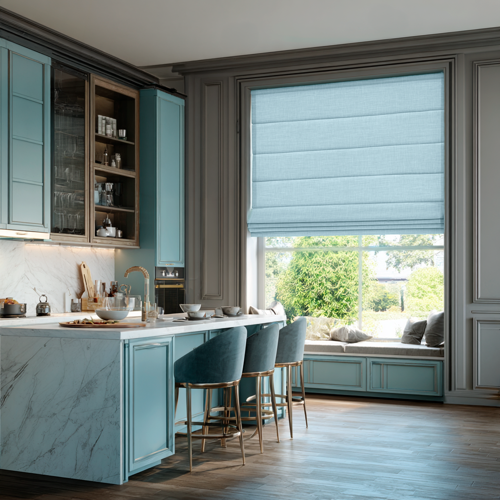 Sky Blue Linen Roman Blinds in an Elegant Contemporary Kitchen with Blue Cabinetry - Cotton Lining