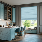 Sky Blue Linen Roman Blinds in an Elegant Contemporary Kitchen with Blue Cabinetry - Cotton Lining