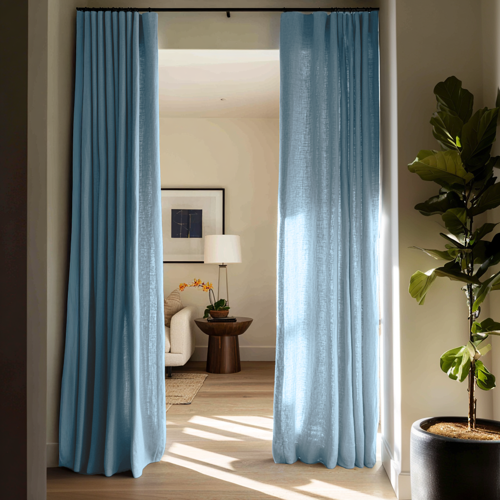 Sky Blue Linen Doorway Curtains with Multitape