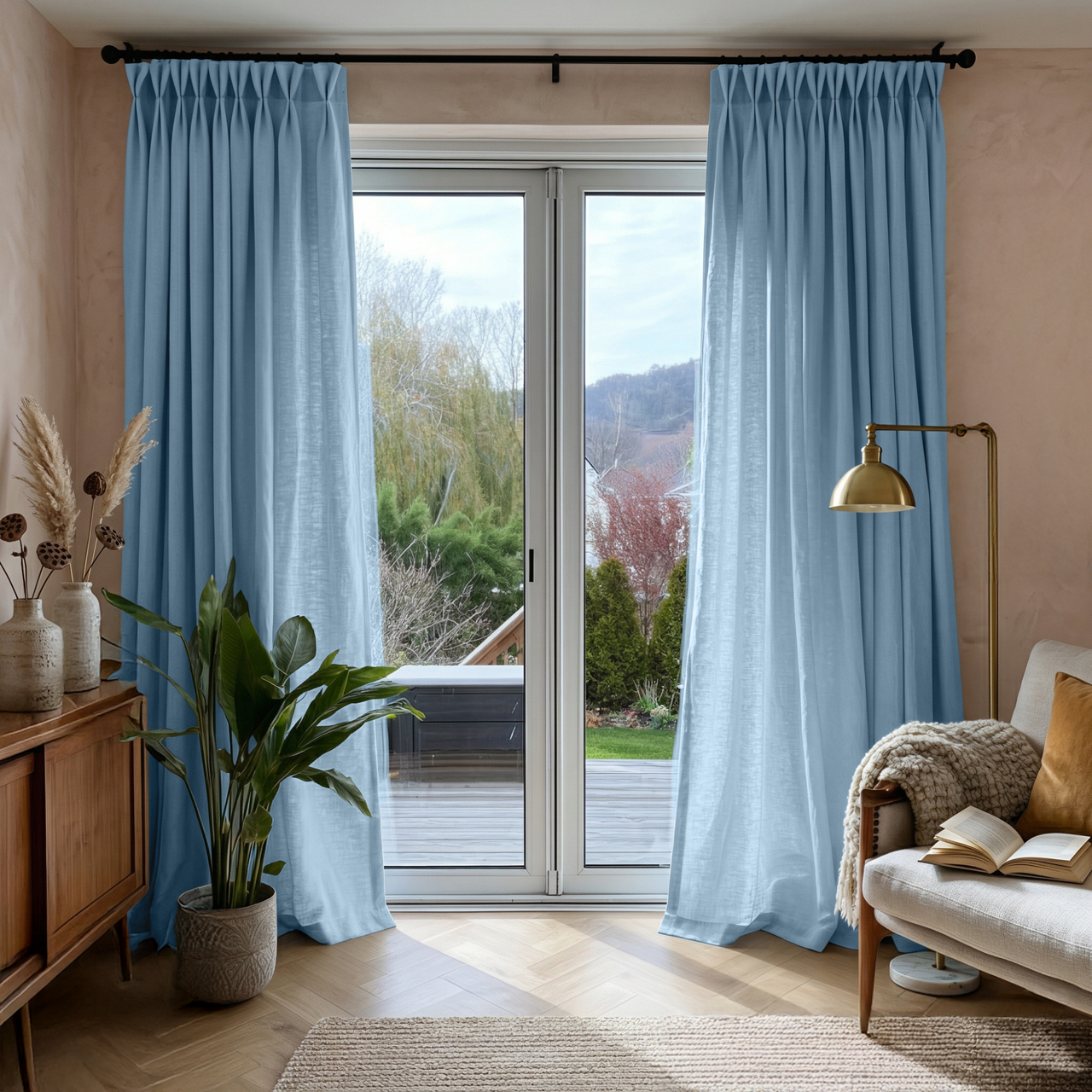 Sky Blue Linen Pinch Pleat Curtains for Sliding Doors in a Living Room with Beige Walls