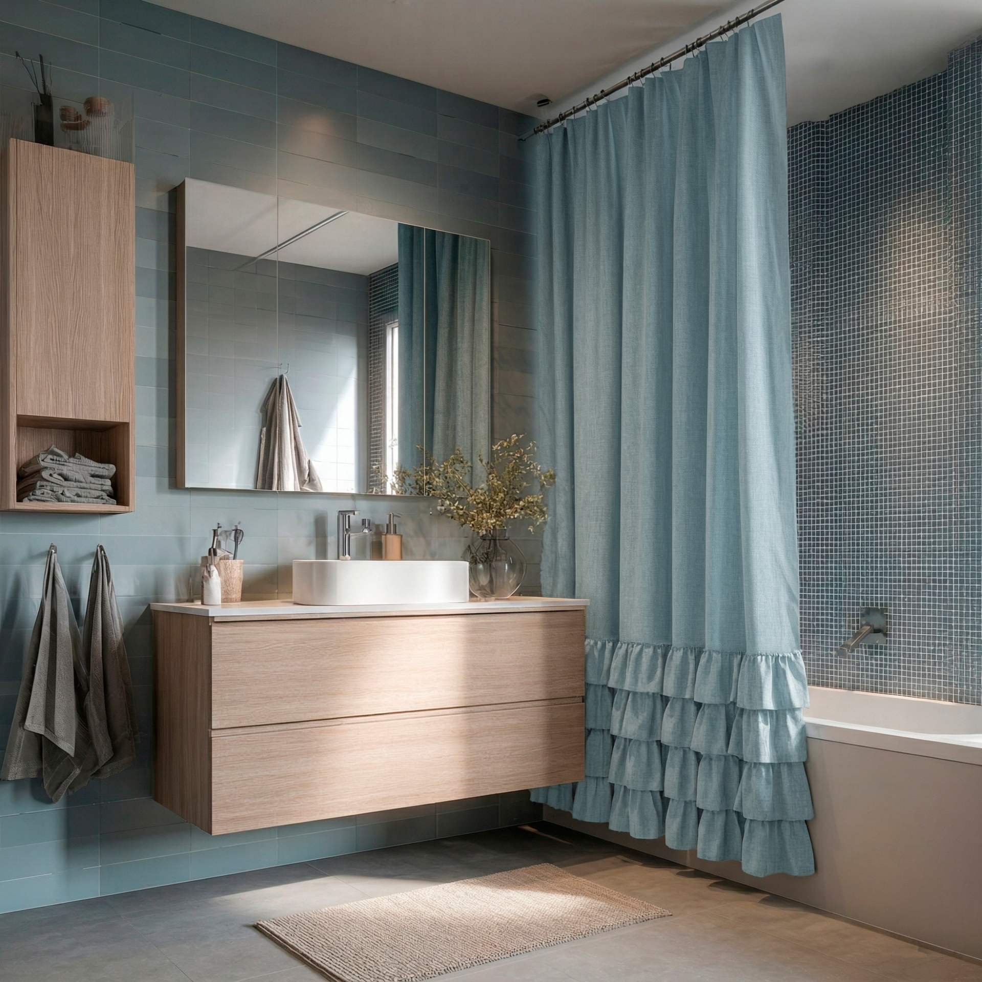 Sky Blue Linen Ruffle Shower Curtain in a Contemporary Bathroom with Light Oak Accents