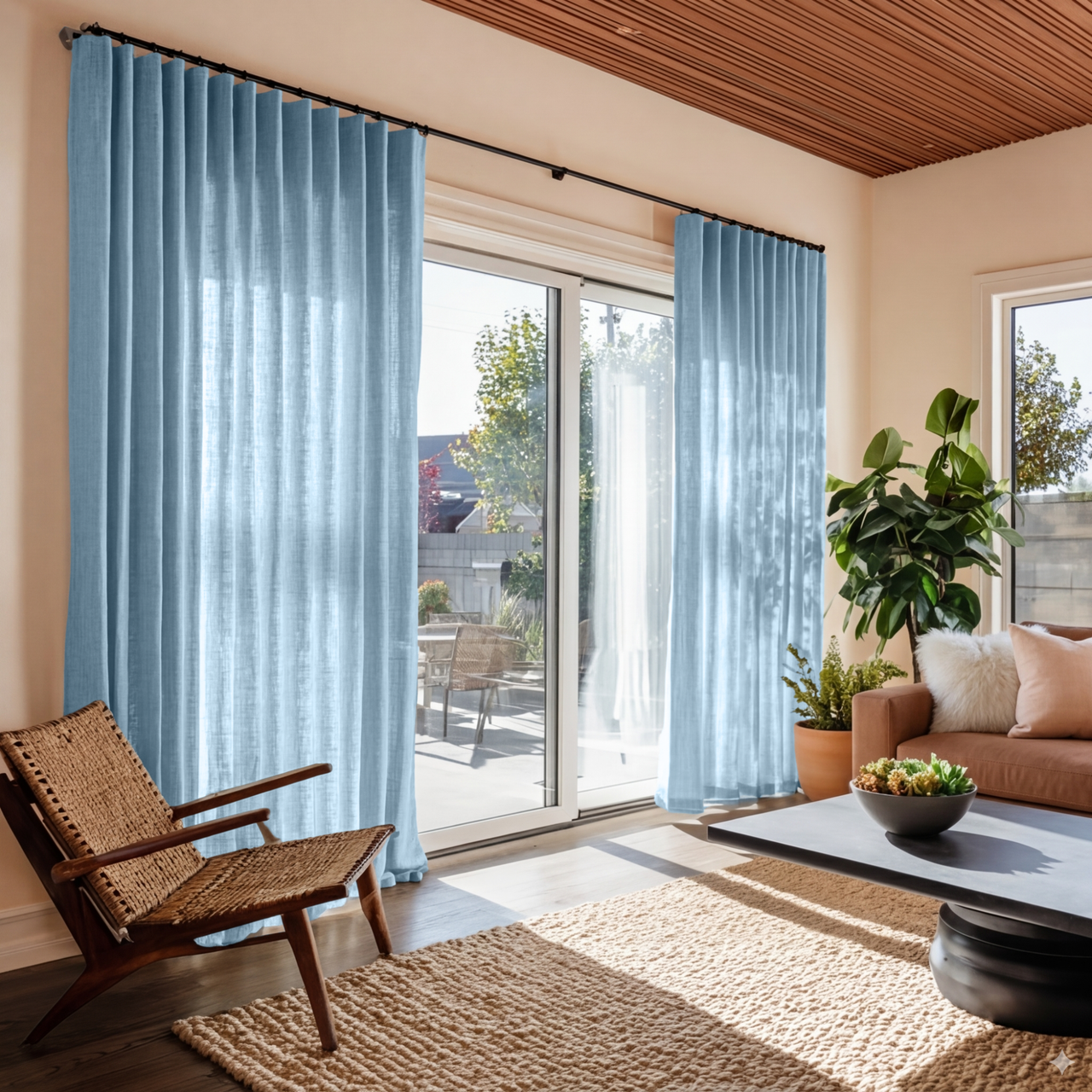 Sky Blue Linen S-Fold Curtains for Sliding Doors in a Living Room with Peach Walls
