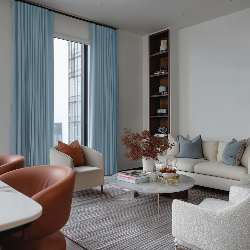 Sky Blue Linen Soundproof Curtains with Multitape