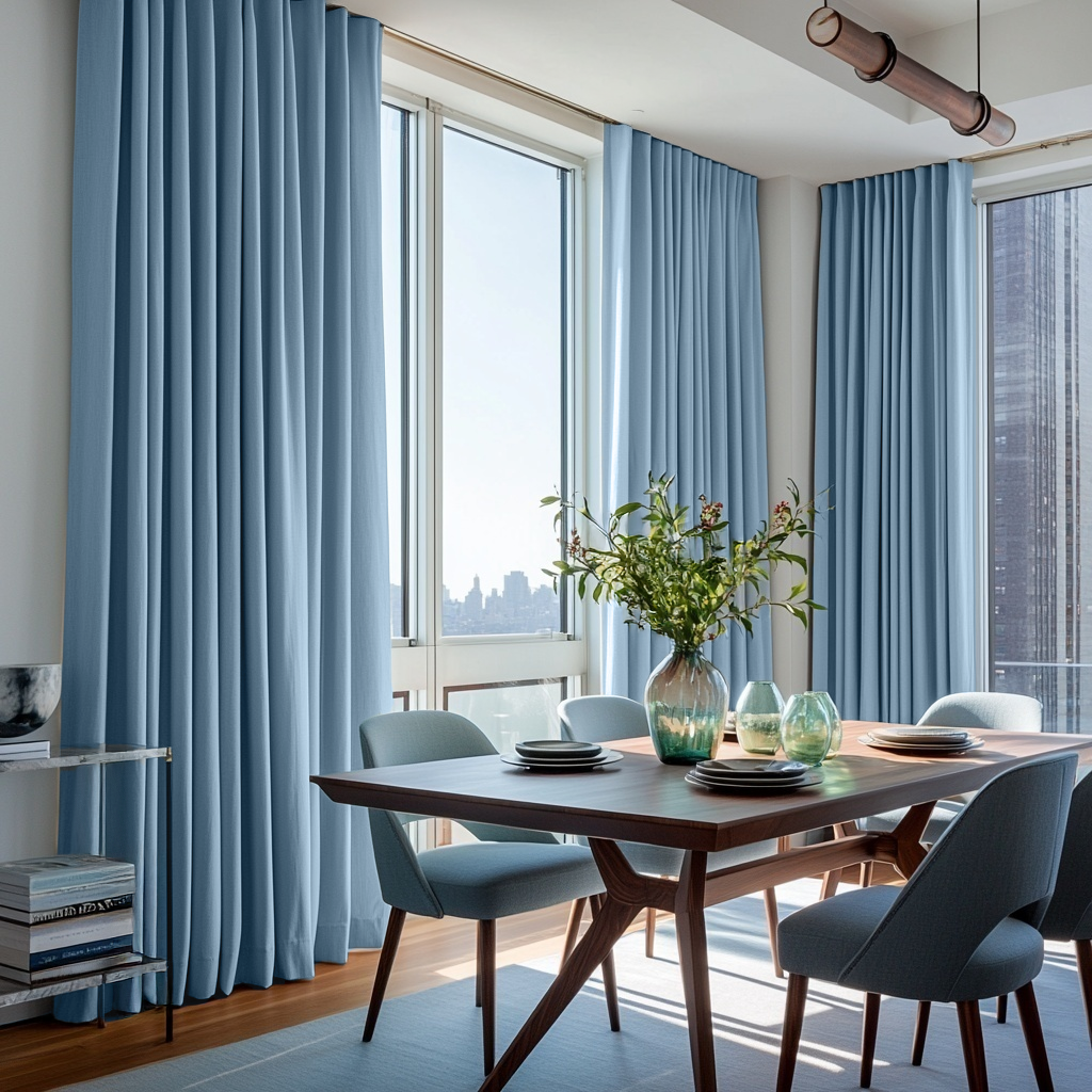 Sky Blue Linen Thermal Curtains with Multitape