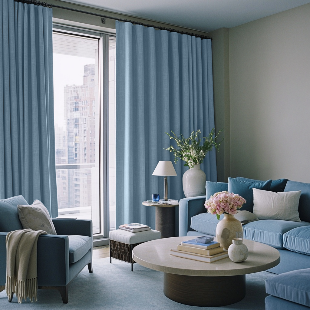 Sky Blue Linen Thermal S-Fold Curtains