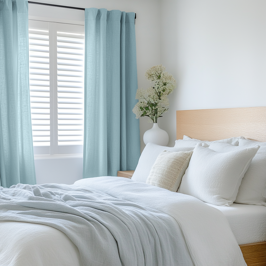 Sky Light Blue Bedroom Linen Curtains - Unlined
