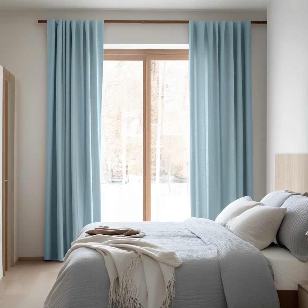 Sky Light Blue Bedroom Linen Curtains - Cotton Lined