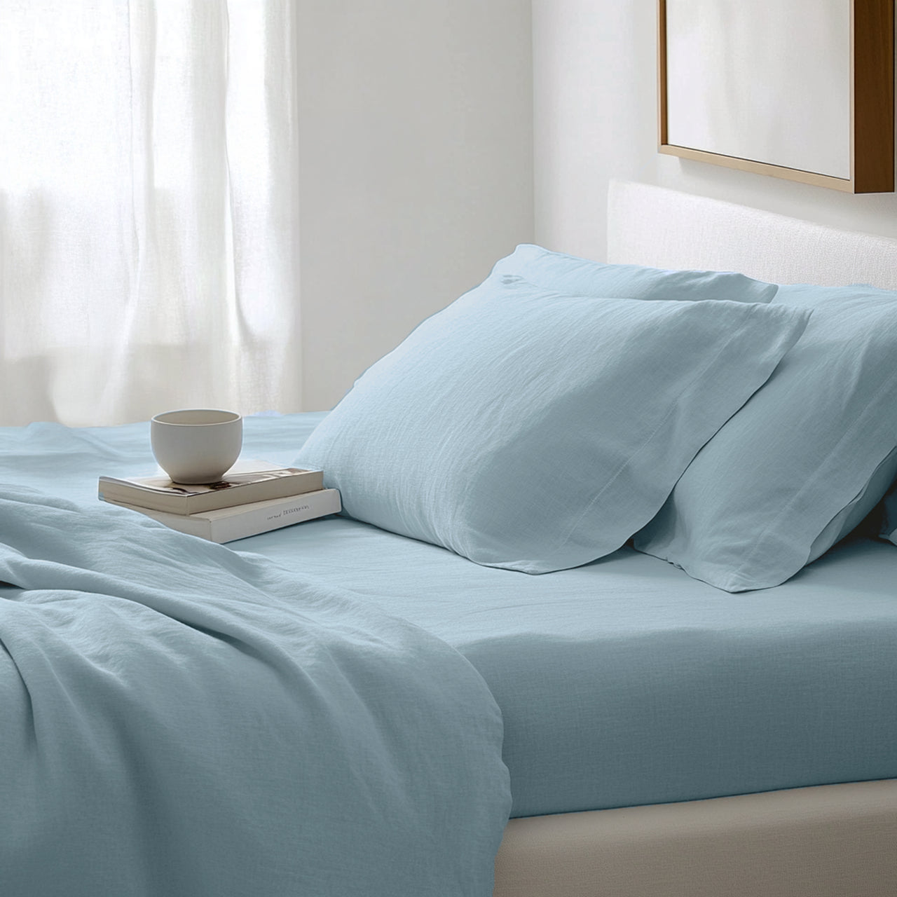 Sky Light Blue Linen Extra Deep Fitted Sheet 