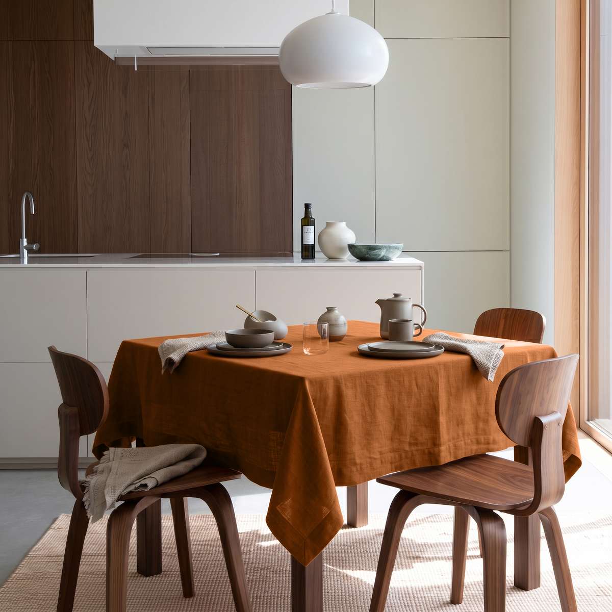Terracotta Square Heavy Weight Linen Tablecloth in a Contemporary Kitchen with Walnut Chairs and Minimalist Cabinetry