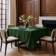 Forest Green Square Linen Tablecloth in a Classic Dining Room with Walnut Paneled Walls