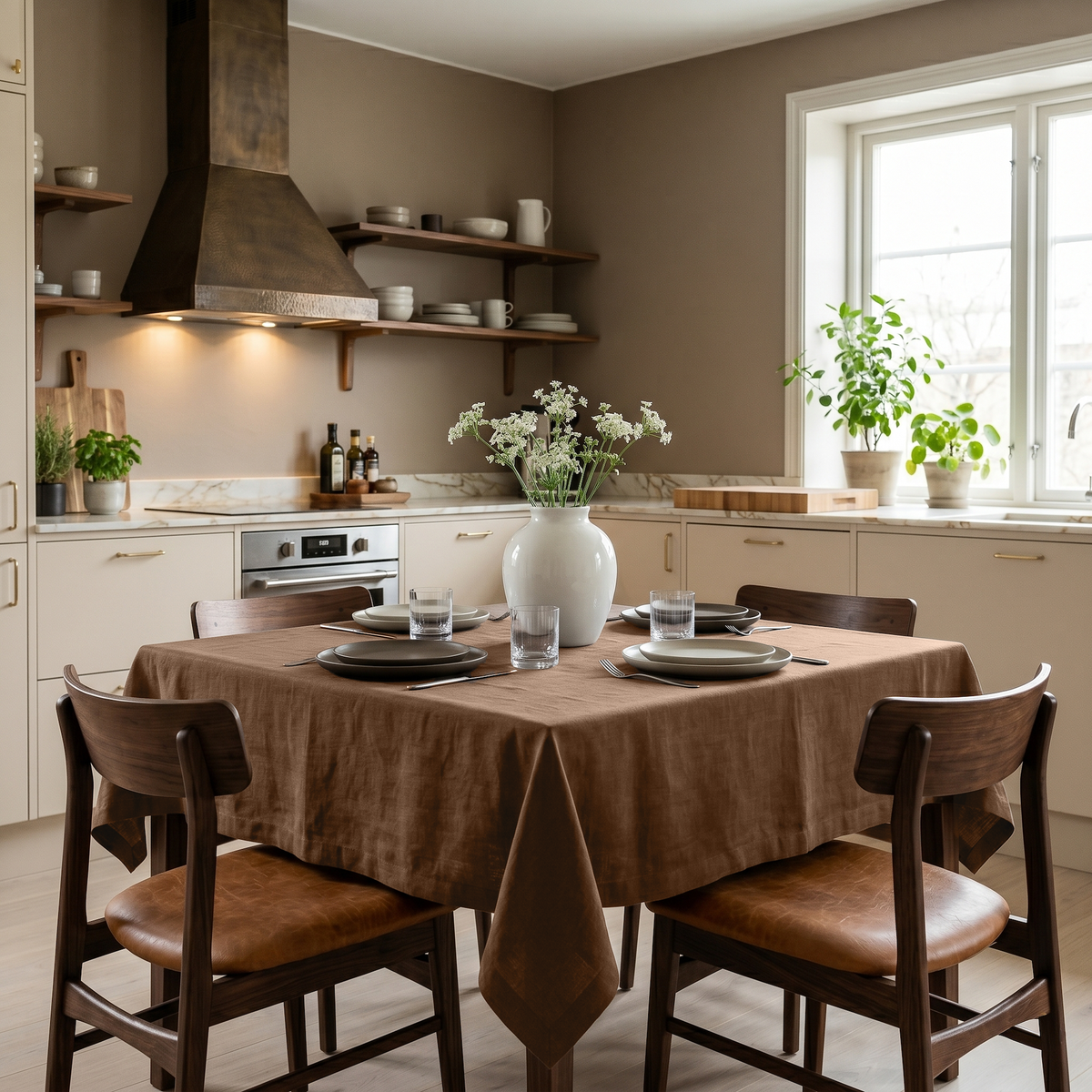Tawny Brown Square Linen Tablecloth in a Modern Farmhouse Kitchen with Wooden Chairs