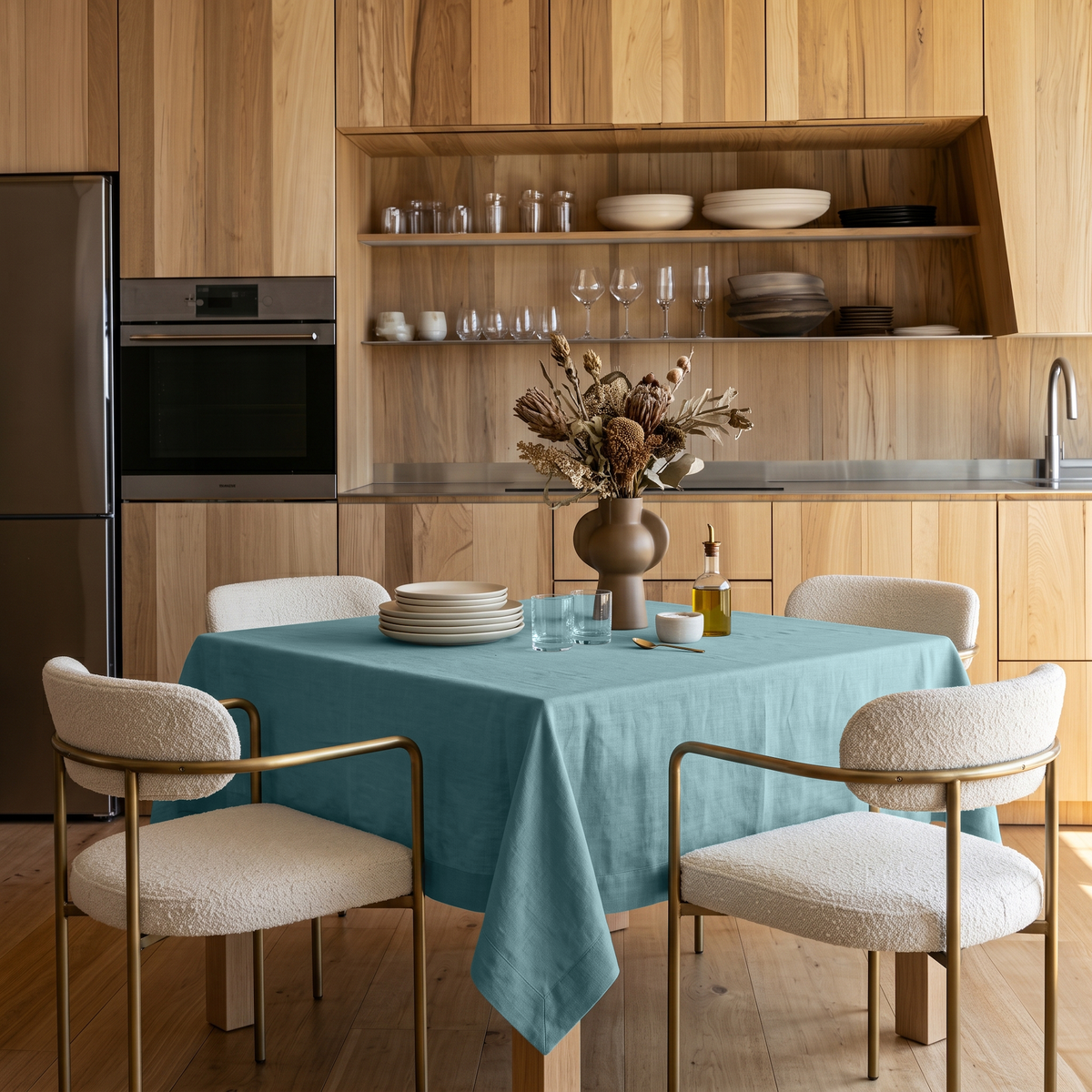 Aquamarine Blue Square Linen Tablecloth in a Contemporary Kitchen with Light Wood Cabinetry and Cream Upholstered Chairs
