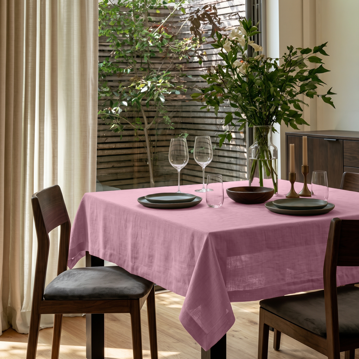 Dusty Rose Square Linen Tablecloth in a Contemporary Dining Room with Dark Wood Chairs