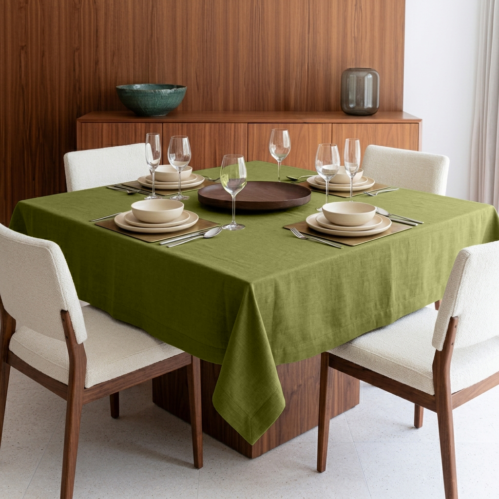 Moss Green Square Linen Tablecloth in a Contemporary Dining Room with Walnut Wood Paneling and Cream Upholstered Chairs