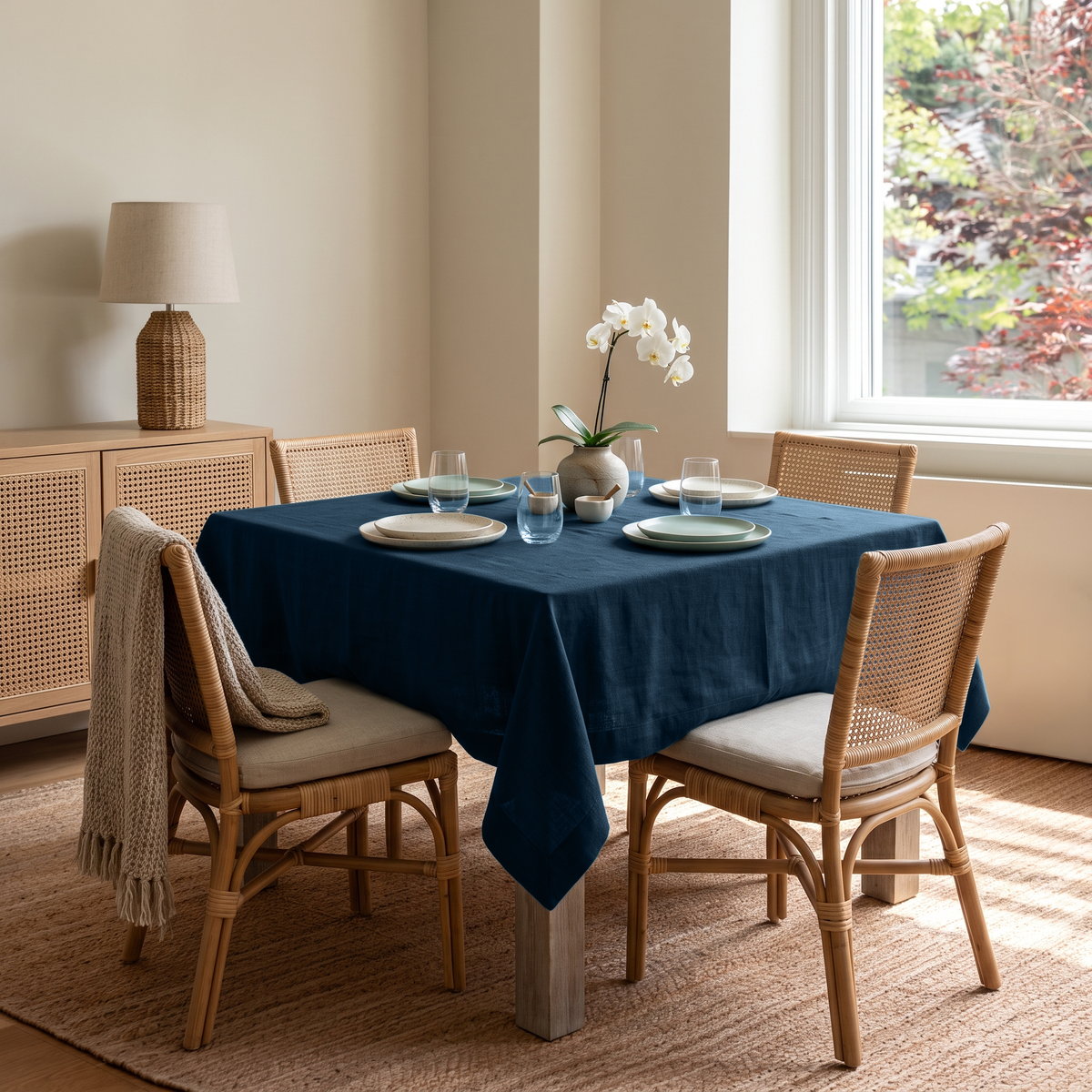 Peacock Blue Square Linen Tablecloth in a Bright Dining Room with Cane Chairs and Natural Wood Furniture